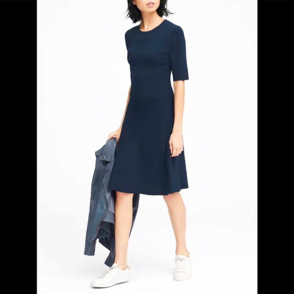 J Crew Navy Timeless Sleeved Fit & Flare Dress sz2